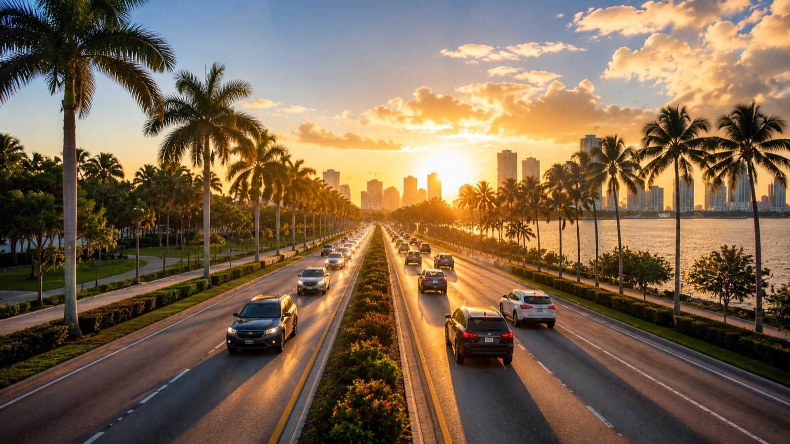 Multiple lanes of traffic flowing along a palm-lined South Florida highway at sunset with the city skyline in the distance