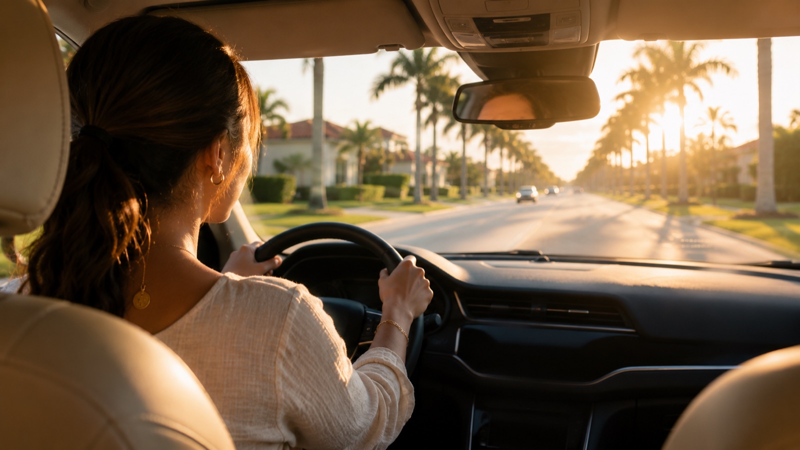 View from inside a car of a woman driving down a sunlit palm-lined Florida boulevard