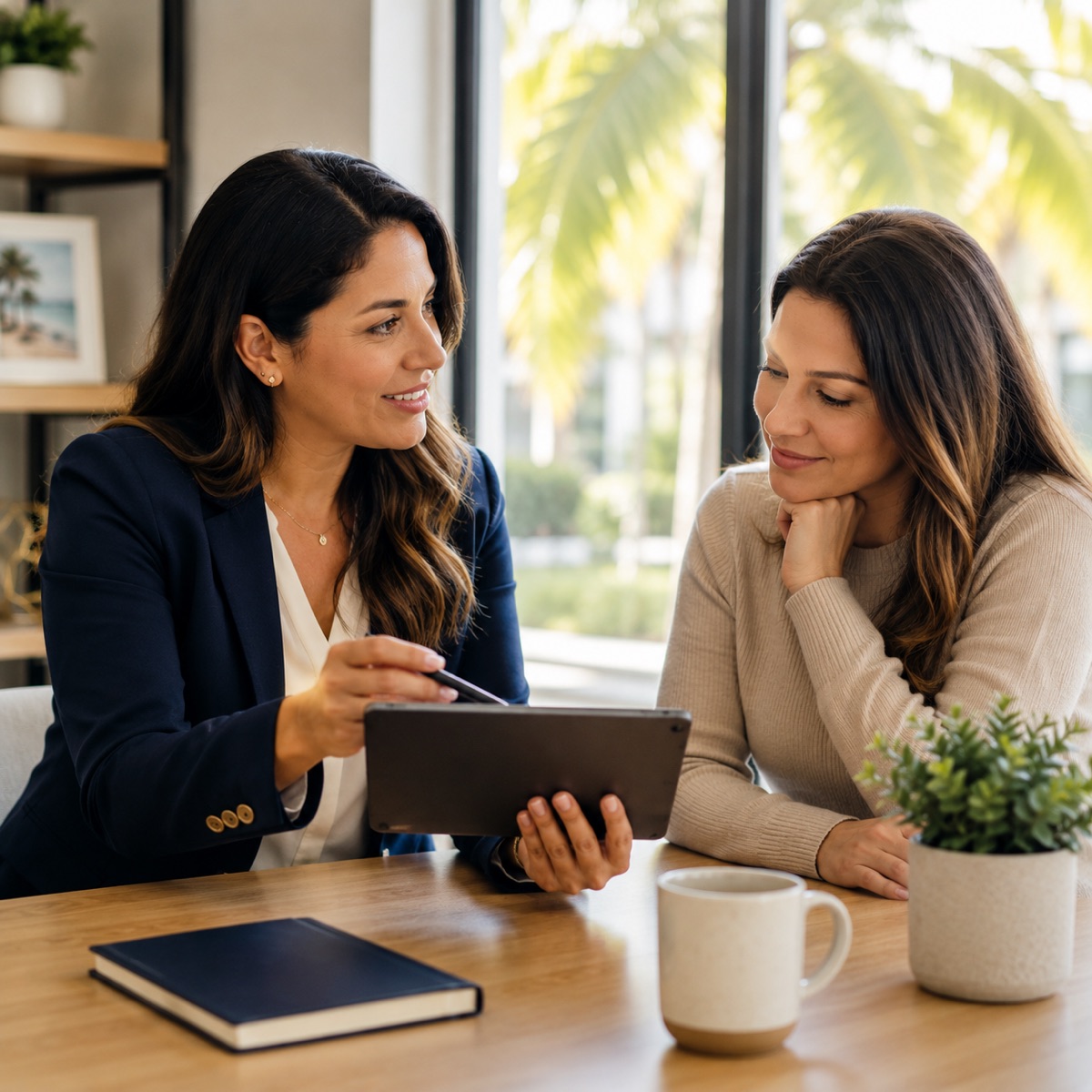 A licensed insurance agent in a navy blazer reviewing coverage options on a tablet with a client at a bright Florida office desk