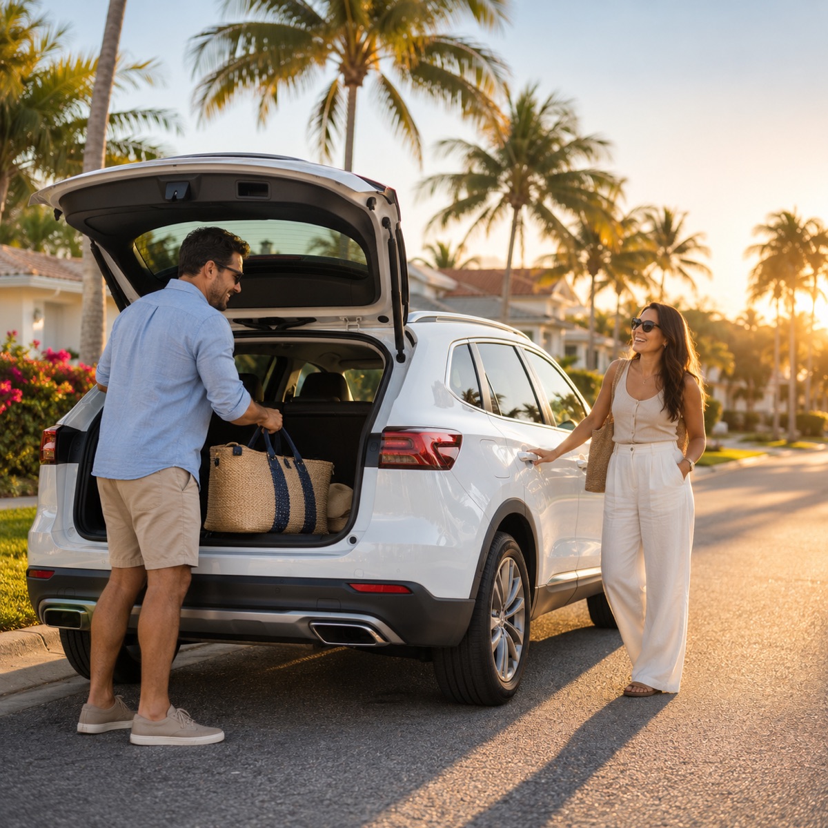 A couple loading a beach bag into their white SUV on a palm-lined South Florida street at sunset