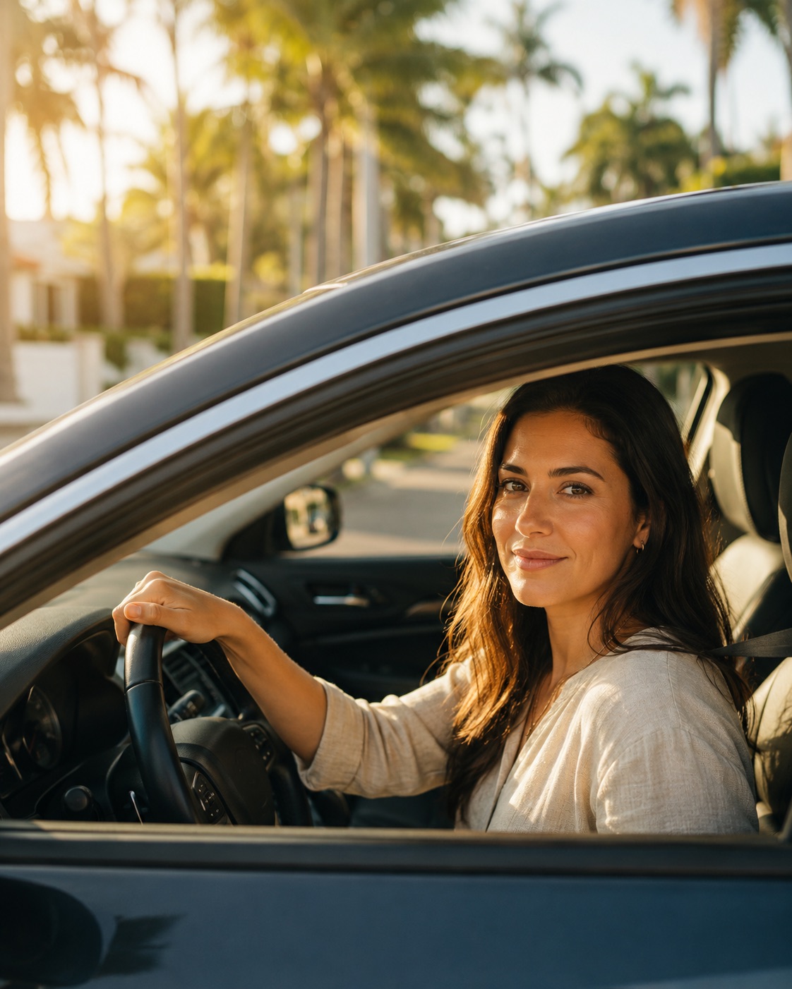 A relaxed woman smiling in the driver's seat of her car on a palm-lined Florida street at golden hour