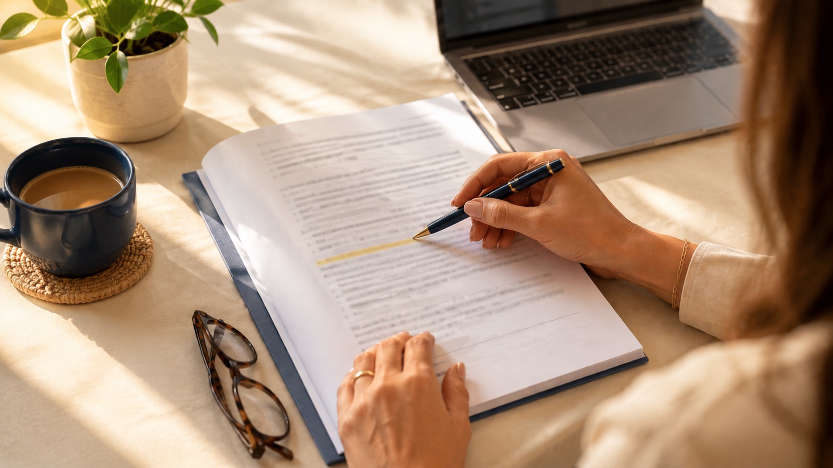 An insurance policy open on a desk with a pen marking a highlighted coverage clause